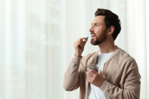 Man taking pain relievers during root canal recovery